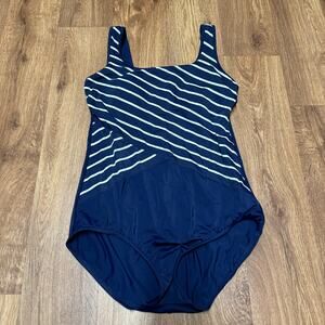 Lands End Womens Navy White Striped One Piece Swim Suit 10 Modest Built in Bra